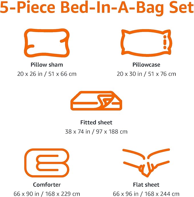 Amazon Basics 5 Piece Microfiber Kid's Bed-in-a-Bag Bedding Set, Twin, Blue, Solid