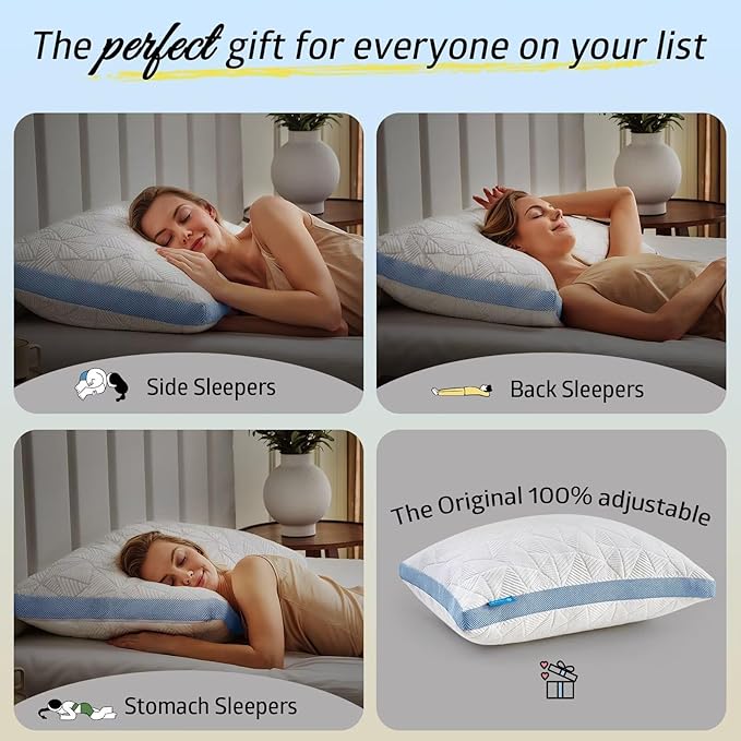 BETU Cooling Pillow Queen Size, Shredded Memory Foam Cool Pillow for Hot Sleepers, Adjustable Firm Soft Support Bed Pillows Perfect for Back Neck Pain and Side Sleeping with Pillow Case Cover, Blue