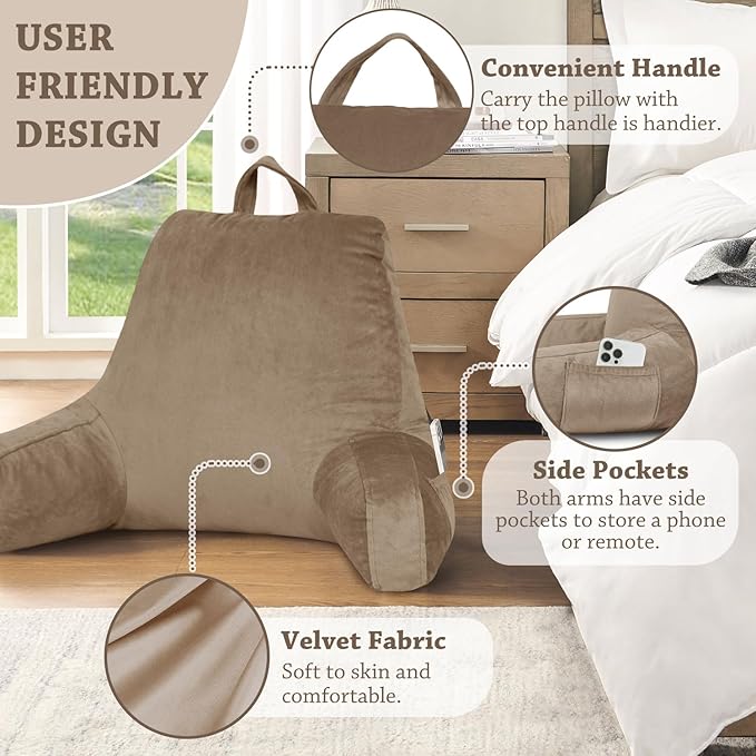 LOVTEX Reading Pillow with Removable Cover, Back Pillow for Sitting Up in Bed with Arms and Pockets, Bed Rest Pillow Adult, 20 x 15 Inches(Brown)