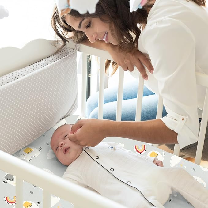 Pack n Play Fitted Sheet .2 Piece Mini Crib Sheet. Stretch Playard Sheet Portable Sheet Set. Elastic Convertible Playard Pad. Compatible with Graco Pack n Play (Rainbow Whale & Elephant)