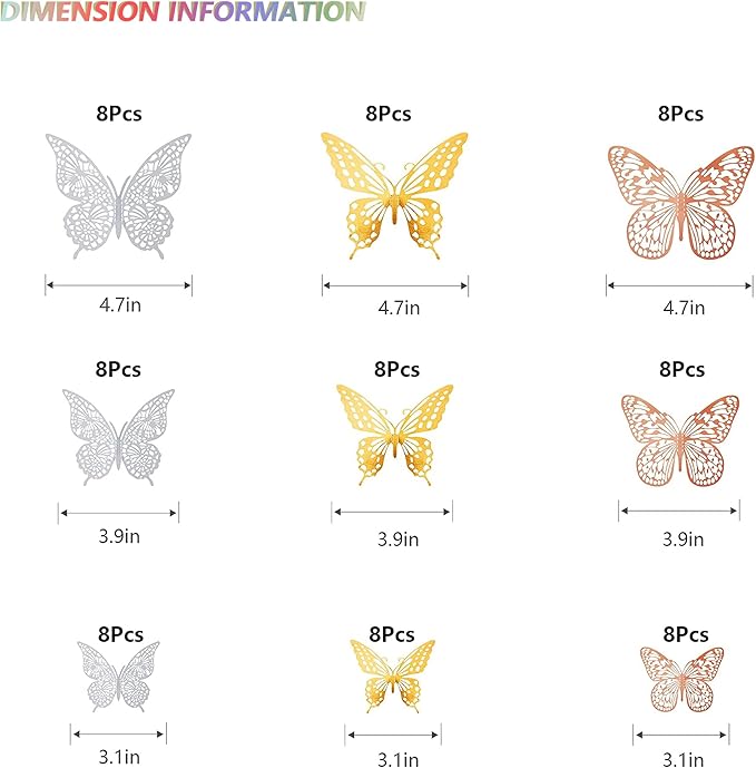 SAOROPEB 3D Butterfly Wall Decor, 72 Pcs 3 Styles 3 Sizes, Removable Metallic Wall Decor Sticker Room Mural Decals for Kids Bedroom Nursery Classroom Party Decoration Wedding Decor DIY Gift (3 Color)