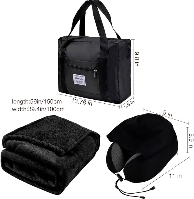 Travel Blanket Pillow Set - Travel Neck Pillow & Blanket for Airplane, Thick Fleece Traval Blanket, Hooded Memory Foam Neck Pillow, Foldable Duffel Bag, Sleep Mask, Earplugs for Plane Travel, Black