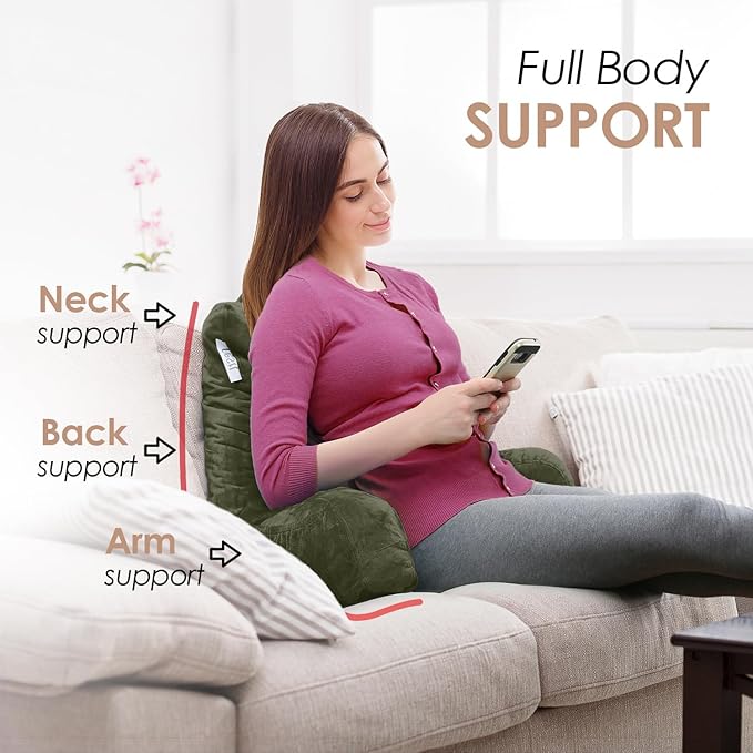 Nestl Reading Pillow for Kids, Small Bed Pillow, Back Pillow for Sitting in Bed, Memory Foam Chair Pillow, Reading & Bed Rest Pillows, Olive Green Back Pillow for Bed, Arm Pillow with Pockets