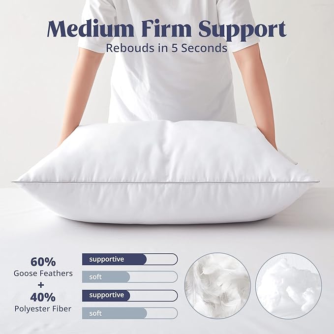 puredown® Goose Feather Bed Pillow with 100% Cotton Cover, 1 Pack, King Size Hotel Collection Pillow for Sleeping with Silver Piping