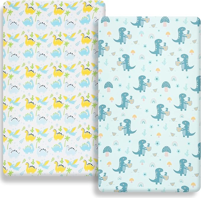 Pack n Play Fitted Sheet. 2 Piece Mini Crib Sheet. Elastic Playard Sheet. Portable Sheet Set. Elastic Convertible Playard Set. Compatible with Graco Pack n Play (More Dinosaurs)