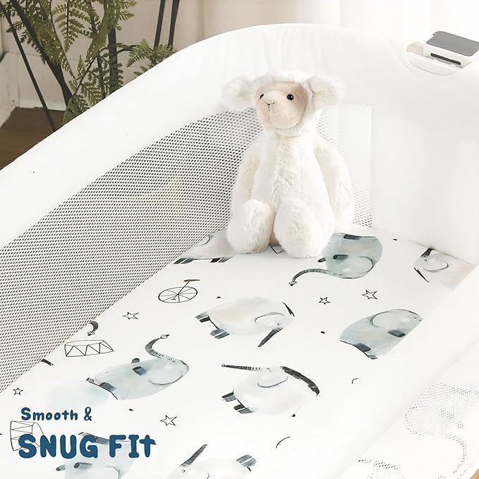 Stretchy Ultra Soft Fitted Bassinet Sheets Set 3 Pack, Universal Fit for Bassinets Baby Cradle Moses Basket Oval Rectangle Mattress Safe and Snug, Stylish Bassinet Sheet of Elephant Print