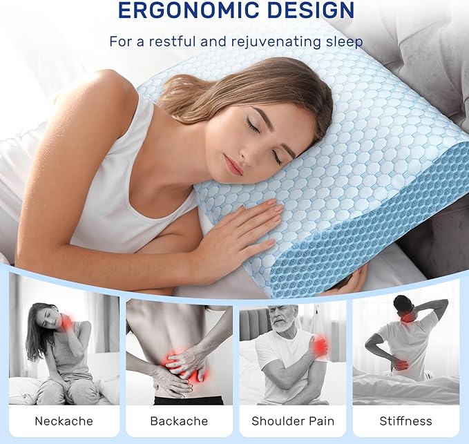Cooling Pillow for Hot Sleepers Memory Foam Pillow Neck Contour Cervical Orthopedic Pillow for Sleeping Side Back Stomach Sleeper, Ergonomic Bed Pillow for Neck Pain-Blue White