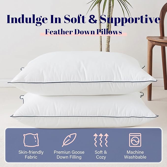 Cosybay Goose Feather and Down Bed Pillow, Premium Medium White Pillow Inserts for Sleeping, Luxury Bedding Pillows for Side and Back Sleepers, Queen Size, 20x36 Inches, 1 Pack