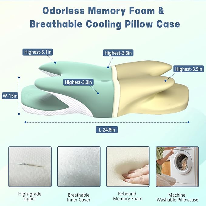 Cervical Pillow for Neck and Shoulder Pain Relief, Ergonomic Neck Pillow for Sleeping, Contour Memory Foam Cervical Pillow, Neck Pillow for Side Back Stomach Sleepers with Ice Silk Fabric (Green)