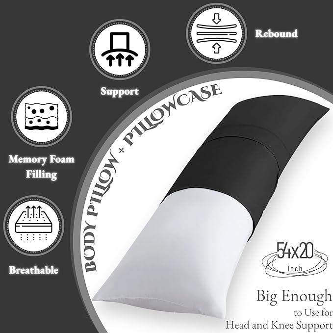 Ubauba Memory Foam Body Pillow with Cover, Full Large Body Pillows Insert for Adults with Envelope Closure Pillowcase, Firm & Fluffy Long Bed Pillows for Sleeping (20x54 inch, Pitch Black)