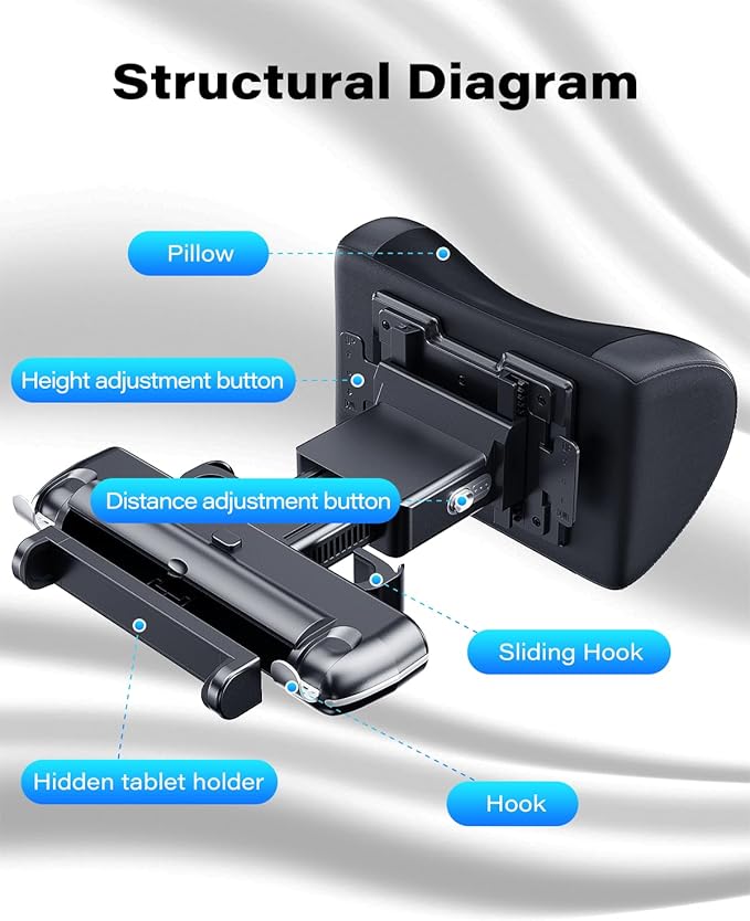 OQTIQ Adjustable Car Headrest Pillow, Fit for Different Heights, Memory Foam Car Neck Pillow for Driving, Comfortable Ergonomic Design Road Trip Essentials Car Pillow with Tablet Holder and Hook