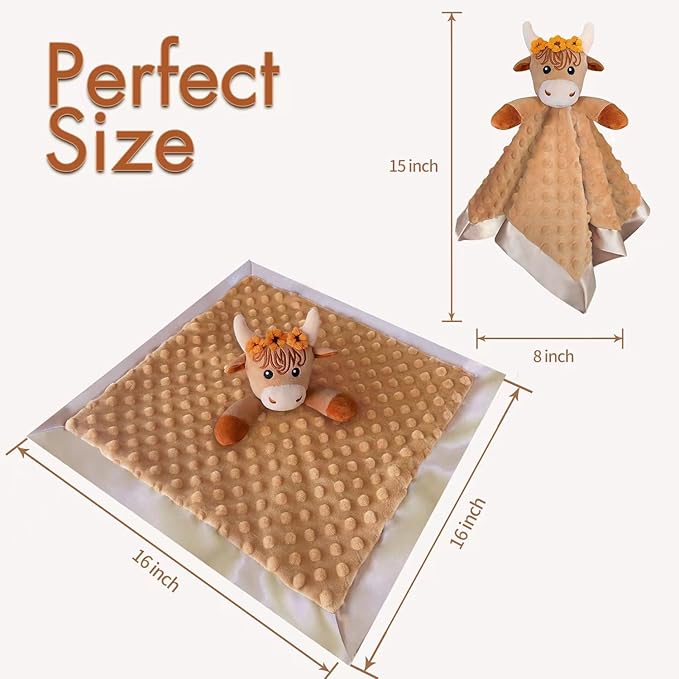 Girl Highland Cow Baby Security Blanket Loveys for Babies Girls, 16" Soft Baby Lovey Blanket, Baby Snuggle Stuffed Animals Blankie, Baby Girls Gifts for Infant and Toddler
