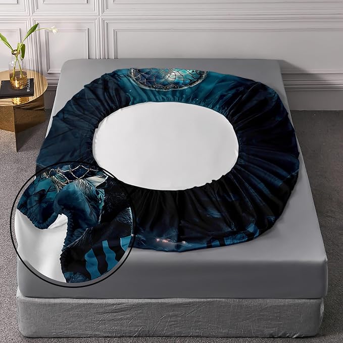 AILONEN Howling Wolf Fitted Sheet Set Full Size, 3 Pieces Teen Boys Bedding Set Safari Animal Themed Sheet Set,Dreamcatcher Bed Sheet Set Evening Forest Wolf Fitted Sheet with 2 Pillowcases