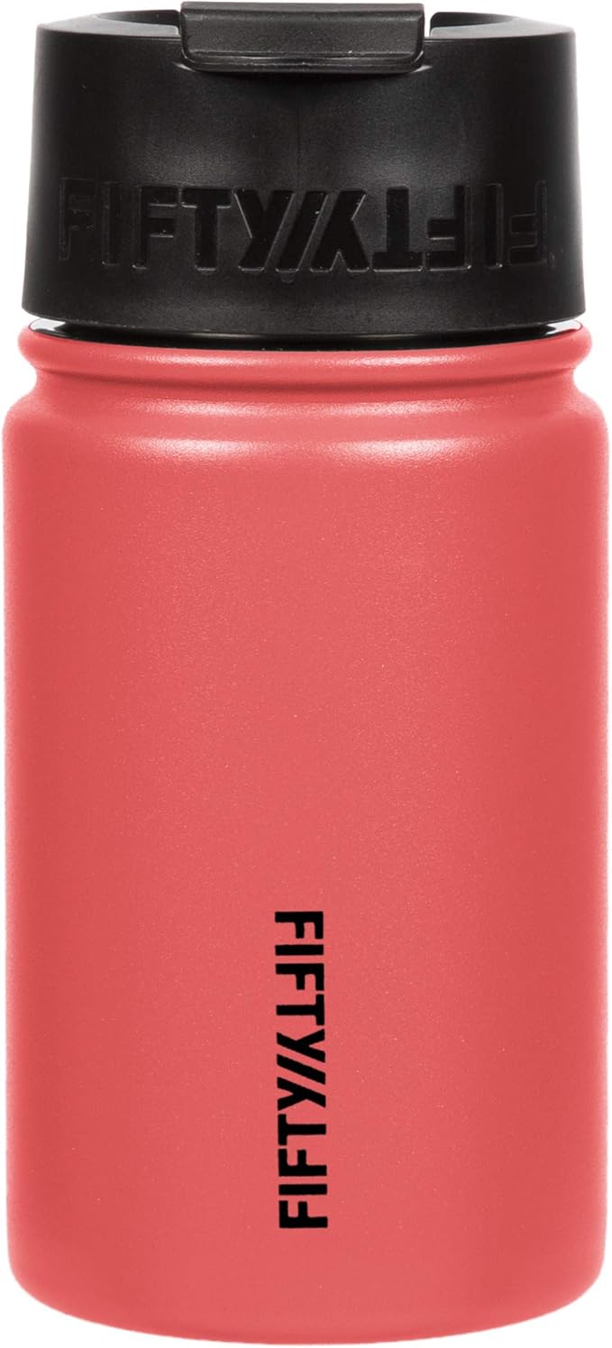 Fifty/Fifty 12oz, Double Wall Vacuum Insulated Café Water Bottle, Stainless Steel, Flip Cap w/ Wide Mouth, Coral, 12oz/354ml
