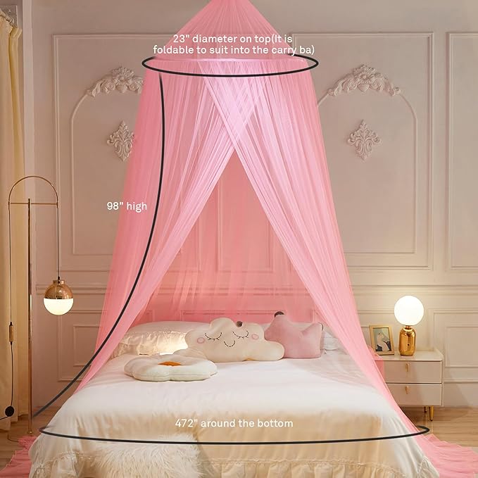 Mengersi Bed Canopy with Lights,Princess Bed Canopy Canopy Bed Curtains for Girls Room,Mosquito Netting Canopy Reading Corners Room Decor for Girls (Pink)