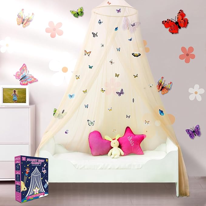 South to East Bed Canopy for Girls with Glowing Butterfly in The Dark, Beige Princess Bed Curtains for Girls Bed, Kids Bed & Toddler Bed, Twin, Full & Queen Bed, Mosquito Net Canopy for Girls Bedroom