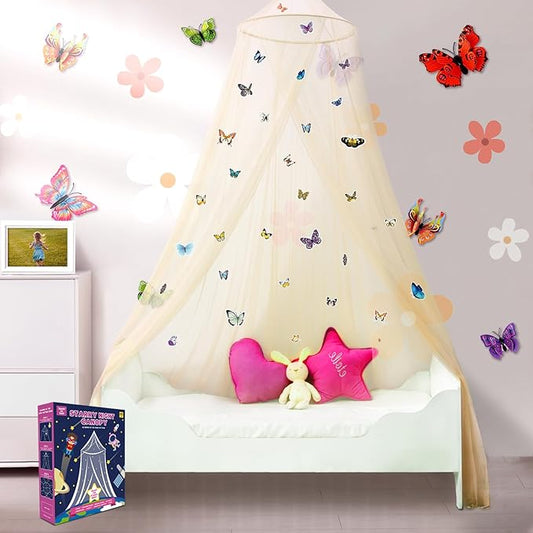 South to East Bed Canopy for Girls with Glowing Butterfly in The Dark, Beige Princess Bed Curtains for Girls Bed, Kids Bed & Toddler Bed, Twin, Full & Queen Bed, Mosquito Net Canopy for Girls Bedroom