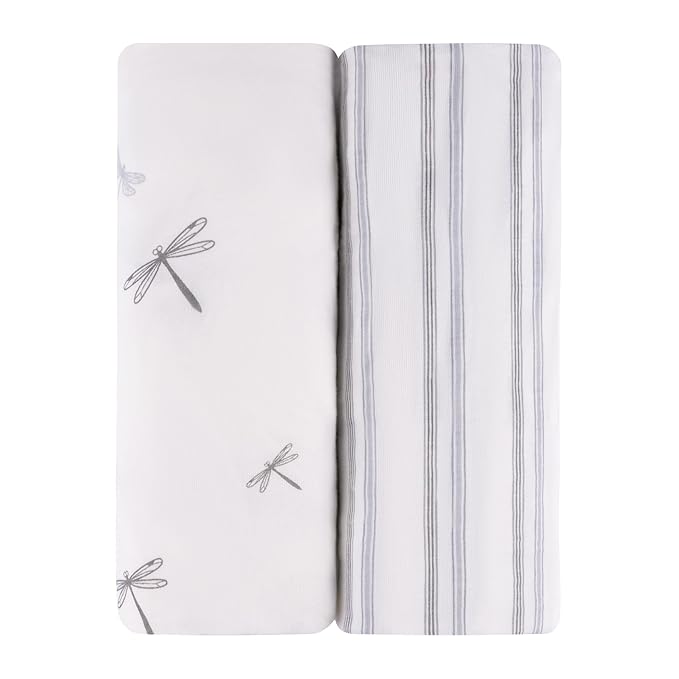 Ely's & Co. Fitted Bassinet Sheet 100% Jersey Cotton 2 Pack for Baby Boy Blue Dragonflies + Stripes