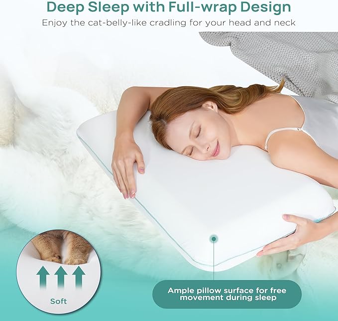 Soft Cooling Memory Foam Pillow, Neck Pillow for Sleeping, Cervical Neck Pillow for Side Sleepers, Back Stomach Sleepers, Ergonomic Pillow for Neck Pain Relief, Orthopedic Deep Sleep Pillow
