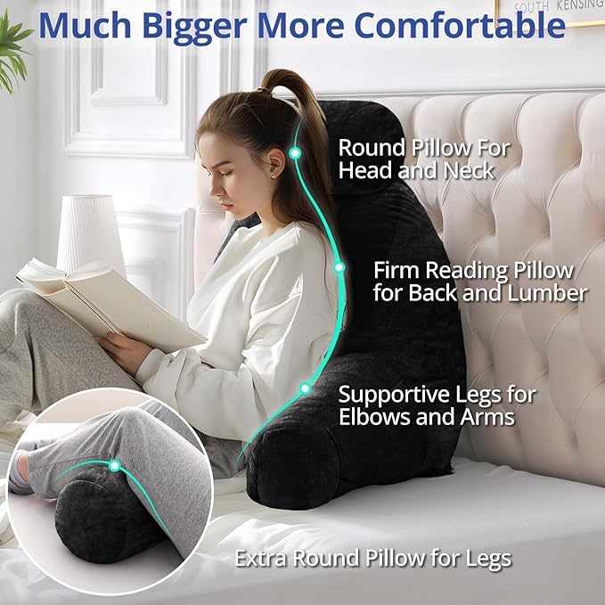 Sasttie Reading Pillow for Sitting in Bed Adult, Extra Large Back Pillow for Bed, Backrest Pillow with Detachable Head Support Cushion, College Dorm Essentials for Girls and Boys, Black