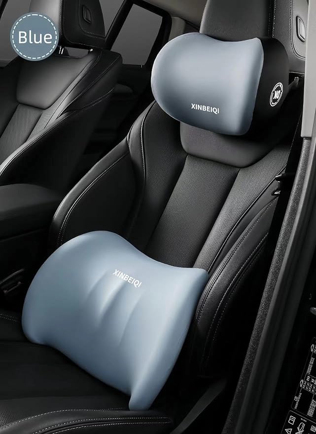 Car Seat Back Support and Car Neck Pillow Kit, Ergonomic Design headrest Lumbar Support for Neck Back Pain Relief Improve Sitting Posture (Blue), Blur