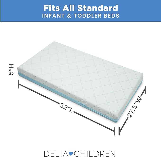 Delta Children Starlit Sky 2-Stage Crib and Toddler Mattress – GREENGUARD Gold Certified, CertiPUR-US Certified Foam, Breathable Machine Washable Cover, Waterproof Barrier, Made in USA, Blue