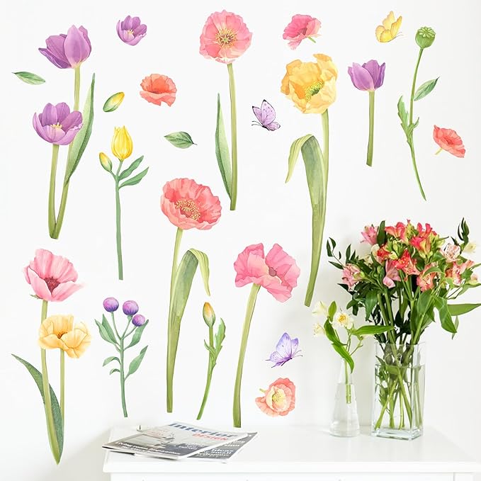 Mfault Spring Large Tulip Flower Wall Decals Stickers, Summer Colorful Garden Floral Butterfly Decorations Bedroom Art, Watercolor Leaves Seasonal Home Living Room Kitchen Decor Gift