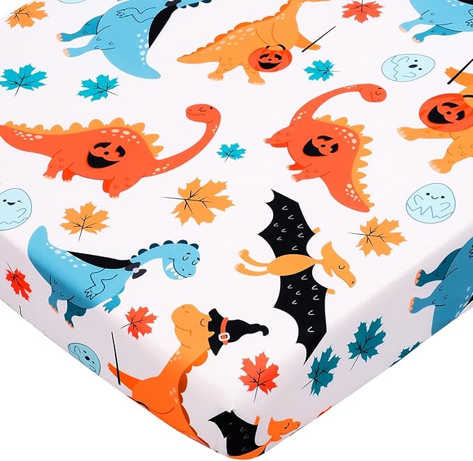 JISEN Baby Crib Sheet 1 Piece Portable Fitted Crib Sheet for Standard Crib and Toddler Mattresses Nursery Bed Decor for Boys Girls 28x52 Halloween Dinosaurs