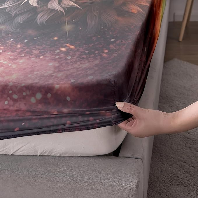 AILONEN Wolf Fitted Sheet Set Twin XL Size, Red Floral Flower and Wolves Animals Bed Sheet Set,3 Pieces Safari Wolf Bed Sheet Set for Boys Girls,1 Fitted Sheet with 2 Pillowcases