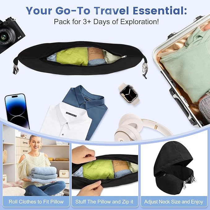 DreamShore Stuffable Neck Pillow for Travel with Hood - Adjustable Velvet Travel Pillow with Earplugs & Eye Mask, Ultimate Carry-On Travel Neck Pillow for Airplane, Travel Pillow for Extra Luggage