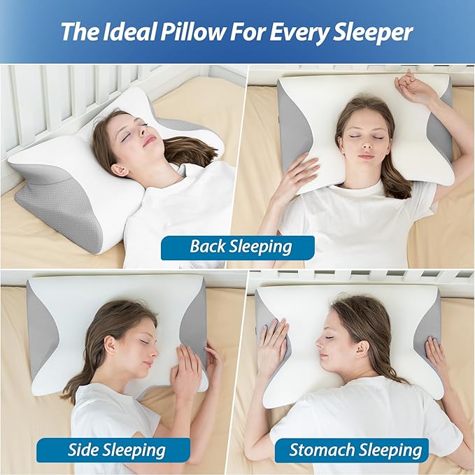 Cervical Neck Pillow for Neck Pain Relief, 2 in 1 Ergonomic Pillow for Sleeping, Memory Foam Orthopedic Bed Pillows for Side, Back & Stomach Sleepers with Cooling Pillowcase