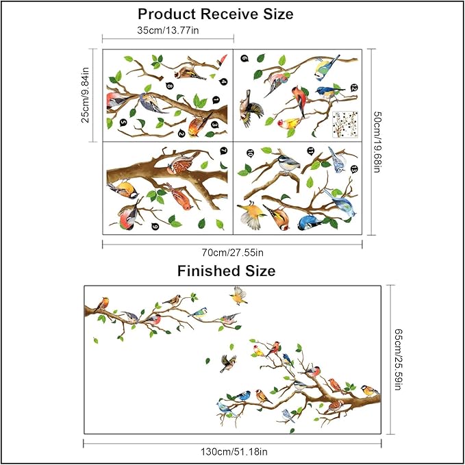 DILIBRA Hummingbird on The Tree Branch Wall Sticker, Green Leaf and Flying Bird DIY Art Vinyl Wall Decal, Self-Adhesive Wall Decoration for Garden Living Room Bedroom Kitchen Playroom Nursery Room