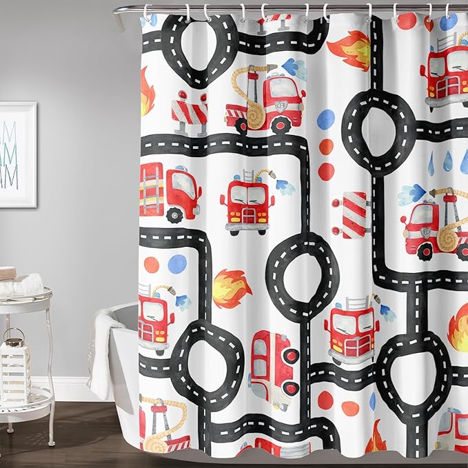 AILONEN Fire Truck Shower Curtain for Boys Bathroom Decor,Firemen Truck Bath Curtain,Construction Truck Printed Kids Curtain,Waterproof with 12 Plastic Hooks, 48" W x 72" H