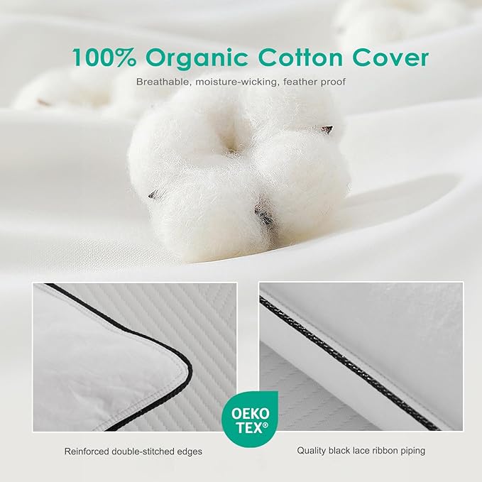 APSMILE Deep Sleep Queen Size Feather Pillows, Hotel Collection AirF™ Goose Down Pillow Inserts with Organic Cotton Cover, Soft Bed Pillows for Sleeping (White, 20"x30")