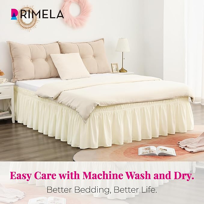 RIMELA Bed Skirt King Size 15 Inch Drop, Wrap Around Elastic Bedskirt Solid Microfiber Luxury Hotel Quality Fabric, Easy to Install Machine Washable Wrinkle & Fade Resistant, Cream