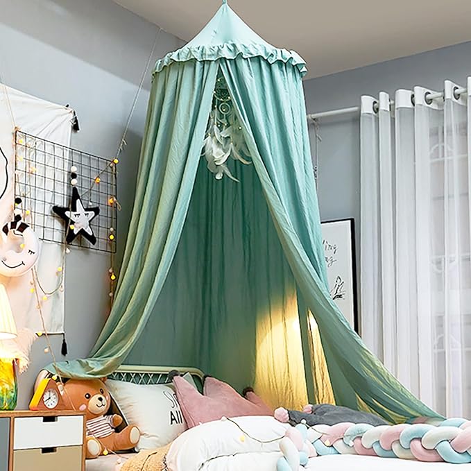 Upgrade Version of Canopy for Kids Bed, Extra Large Canopy for Girls Room Decoration Princess Castle Play Tent Hanging House, Dreamy Canopy for Children Room Reading Nook Canopies (Green Ruffle)