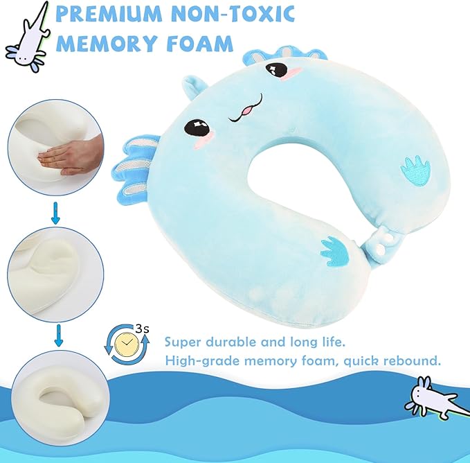 Travel Pillow, Kids Travel Pillow with Sleep Eye Mask Soft Memory Foam Kids Neck Pillow for Boys & Girls, Travel Accessories for Car Airplane Traveling - Blue Axolotl