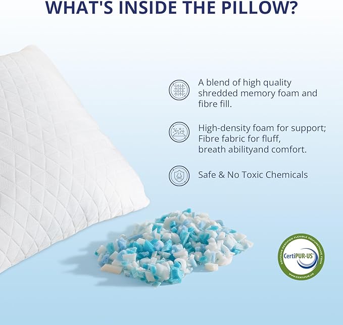 Shredded Memory Foam Pillows, Bed Pillows for Sleeping, Medium Standard/Queen Size Pillow for Side Back Stomach Sleepers, Neck Support Pillow with Washable Removable Cover (1 Pack)