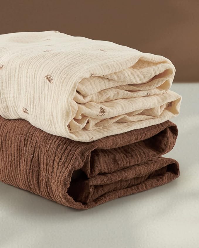 Blissful Diary Muslin Mini Crib Sheets, Pack and Play Mattress Sheets Fitted for Pack N Play, Soft Cotton for Boys Girls, 2 Pack(Sunshine&Brown)