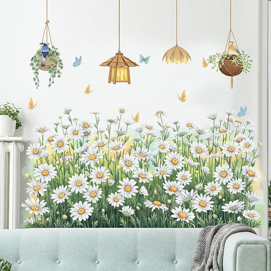 White Daisy Kicks Wall Decals Flowers Wall Corner Stickers Garden Floral Butterflies Baseboard Skirting Line Wall Stickers for Baby Kids Girls Bedroom Living Room Corners Skirting Lines Waist Lines