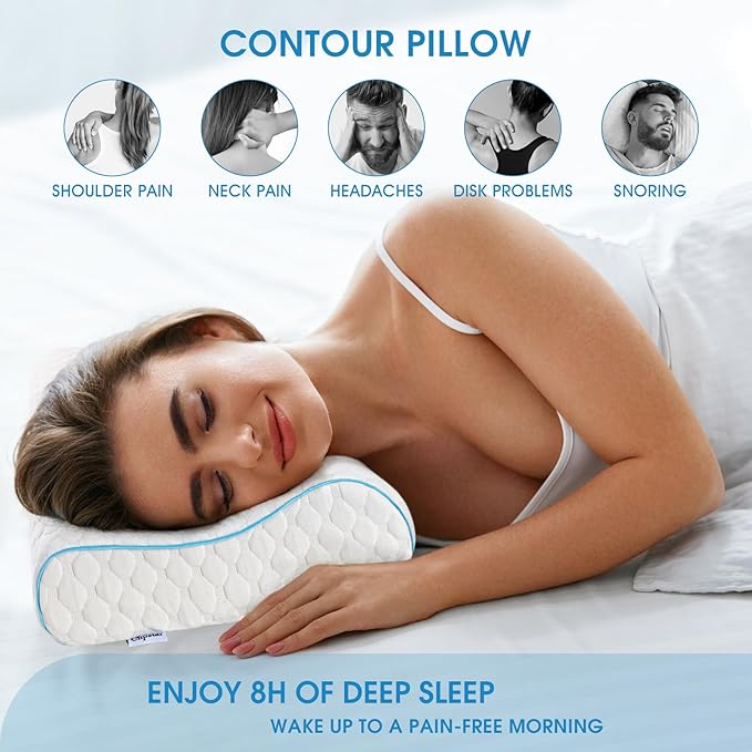 Memory Foam Pillow, Neck Bed Contour Pillow for Sleeping, Ergonomic Orthopedic Cervical Pillow for Side Back Stomach Sleeper, Queen,Firm,White
