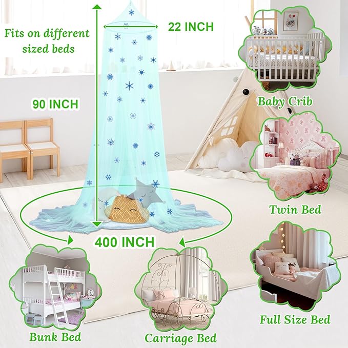 South to East Bed Canopy for Girls with Glowing Snow in The Dark, Cyan Princess Bed Curtains for Kids Bed & Toddler Bed, Twin, Full & Queen Bed, Mosquito Net Canopy for Girls Bedroom