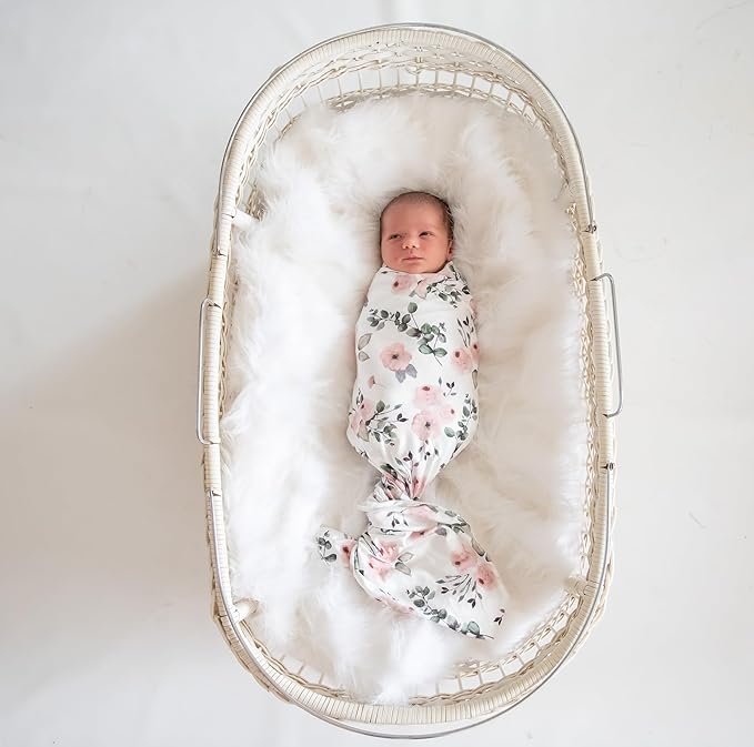 Newborn Baby Girl Swaddle and Headband Sets Receiving Blanket Stretchy Knit Swaddle Set(Green Leaf and Pink Floral)