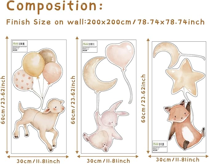 Removable Balloon Wall Decals, Balloon, Animals Baby Room Wall Stickers, Balloon and Animal Stickers for Kids, Bedroom, Playroom, Bathroom Decor