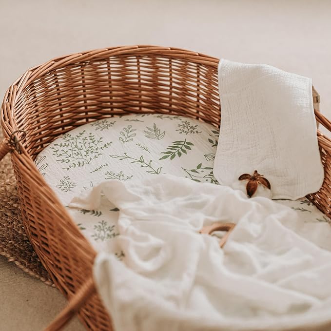 Muslin Bassinet Sheets 2 Pack for Baby Boy and Girl, Breathable Elastic Cozy Fitted Cotton Bassinet Mattress Sheet, Universal Fit for Hourglass Oval and Rectangle Bassinet Mattress (Natural Leaves)