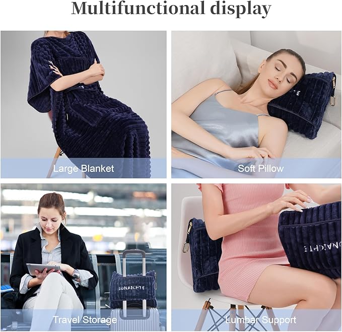 Travel Blanket Travel Blanket Airplane Compact with Bag 2 in 1 Travel Pillow and Blanket Set Travel Pillow and Blanket Car Road Trip Camping Essentials (Navy Blue)