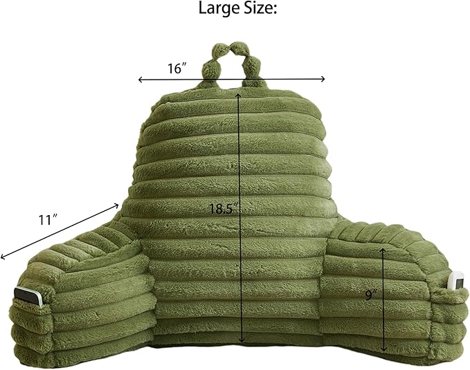 Faux Fur Fluffy Sage Reading Pillow with Pockets, Luxury Striped Plush Decorative, Arm Rests and Back Surport for Bed Rest, Lounging on sofa, Large