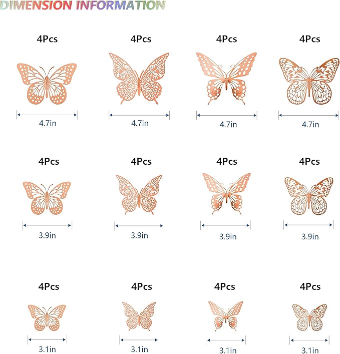 SAOROPEB 3D Butterfly Wall Decor, 48 Pcs 4 Styles 3 Sizes, Removable Metallic Wall Sticker Room Mural Decals for Kids Bedroom Nursery Classroom Party Decoration Wedding Decor DIY Gift (Rose Gold)