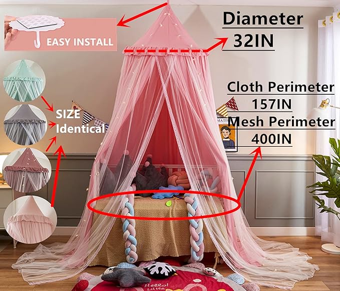 VETHIN Bed Canopy for Kids with Lights,Double Layer Princess Round Dome Children Dreamy Mosquito Net Bedding Girls Room Castle Play Tent Hanging House Decor Reading Nook Canopies(Beige Pink/White)
