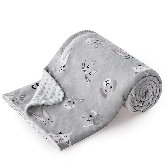 DaysU Silky Micro Soft Plush Baby Blankets Unisex with Print Animal Pattern and Soothing Raised Dots, Double Layer Bed Throws for Baby Crib, Animal Faces, Grey, 30x40 Inches